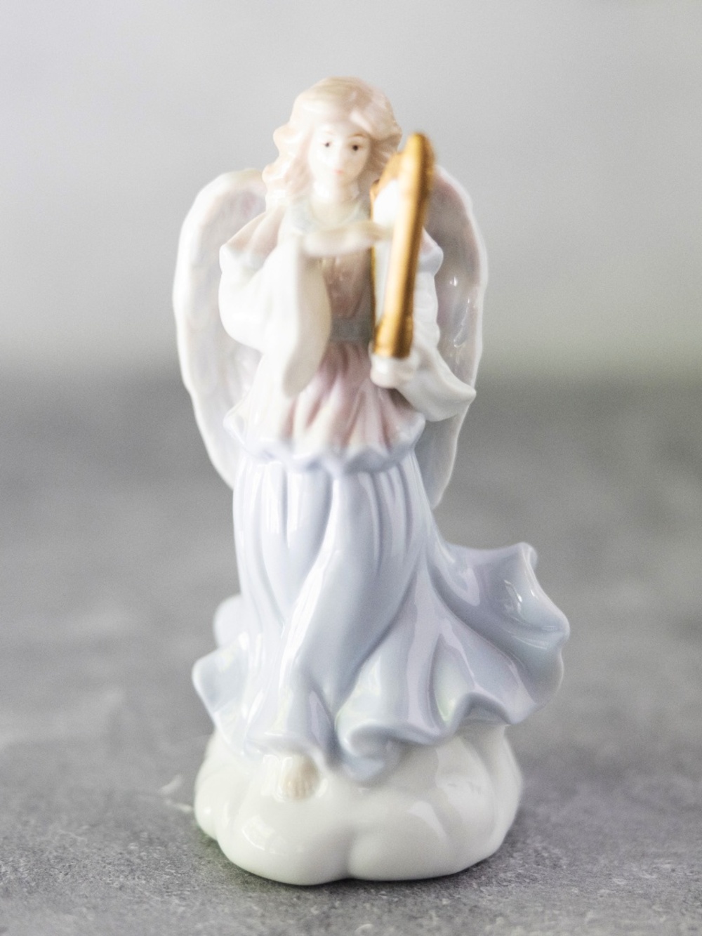 Vintage ceramic blue white gold angel playing harp religious holiday decor 6"